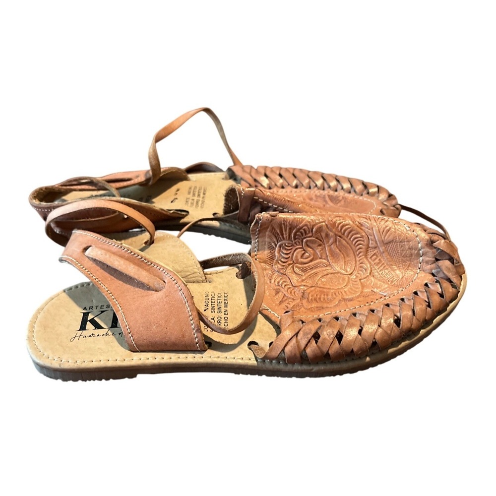 Artesanias KR Huarache Sandals Leather Woven Boho Mexico Brown Size 6 USA